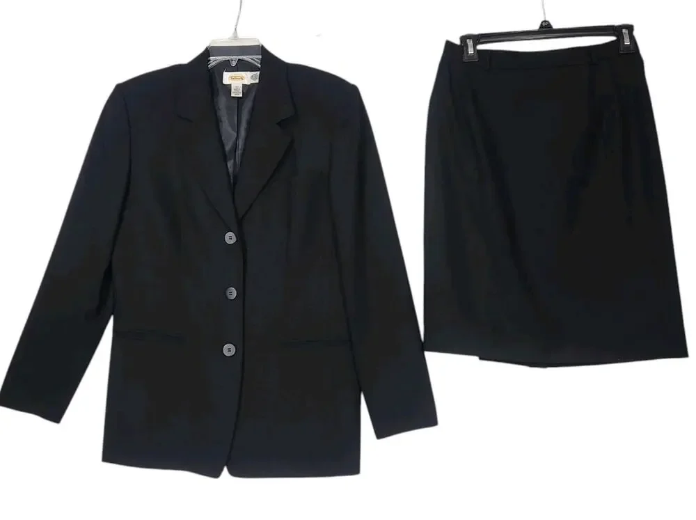 VTG TALBOTS WOOL SUIT SZ 10 BLACK SKIRT JACKET BLAZER OFFICE CLASSIC CAPSULE EUC